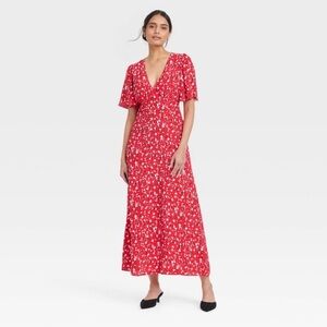 Red Floral Short Sleeve Maxi Sundress